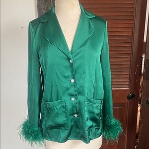 NADINE MERABI Satin Green Blazer with Feather Cuffs